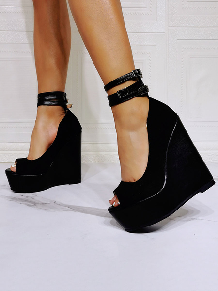 Milanoo Black Wedge Sandals Peep Toe Wedge Heel Micro Suede Upper Ankle Strap Heel Sandals
