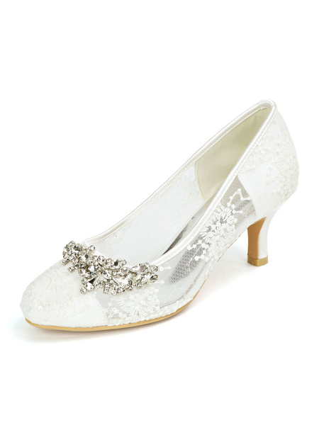 Milanoo Wedding Shoes Lace Ivory Round Toe Rhinestones Kitten Heel Bridal Shoes