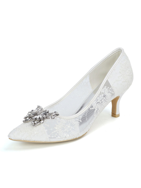 Milanoo Wedding Shoes White Lace Rhinestones Pointed Toe Kitten Heel Bridal Shoes