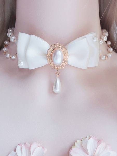 collier lolita blanc faux perles nœuds doux accessoires lolita