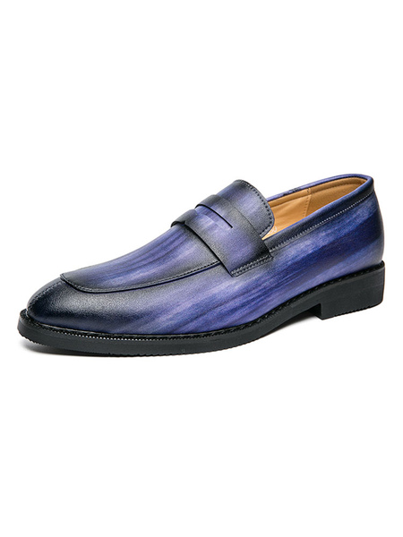 Milanoo Men Shoes Quality Round Toe Slip-On PU Leather Blue Oxfords Shoes
