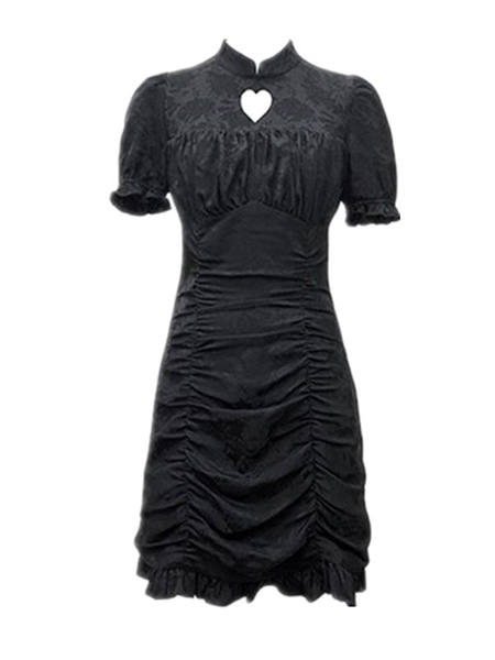 Milanoo Gothic Lolita Black Short Sleeves Polyester Cheongsam Lolita Dress