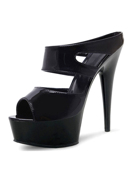 Milanoo Women Sexy Sandals Black PU Leather Open Toe Cone Heel Sky High Heel Mules Stripper Shoes