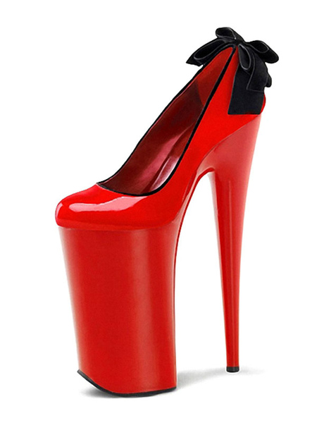 Milanoo Women Sexy High Heels Red Round Toe Color Block Bows Sexy Stiletto Heel Sky High Heel Ankle