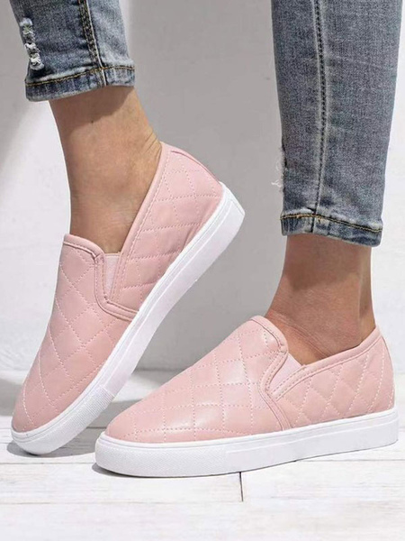 Milanoo Women Sneakers Athletic Shoes Pink PU Leather Round Toe Flat Shoes