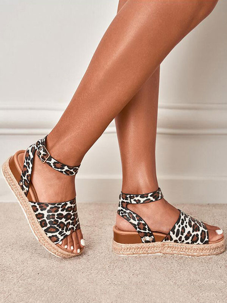 Women Flat Sandals Open Toe Flat Heel Terry Chic Leopard Pattern Flat Sandals
