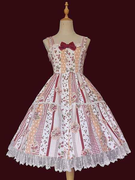 Milanoo Sweet Lolita JSK Dress Sleeveless Lace Bowknot Strawberry Pattern Pink Lolita Jumper Skirts