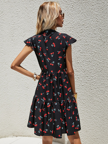 Summer Dress Black V-Neck Short Sleeves Floral Printed Polyester Beach Dress