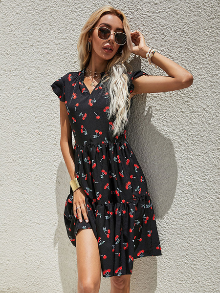Summer Dress Black V-Neck Short Sleeves Floral Printed Polyester Beach Dress