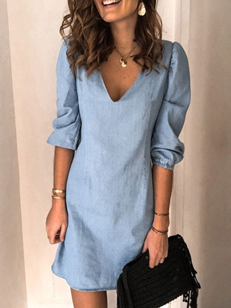 Midi Dress V-Neck Half Sleeves Polyester Simple Light Sky Blue Summer Dress
