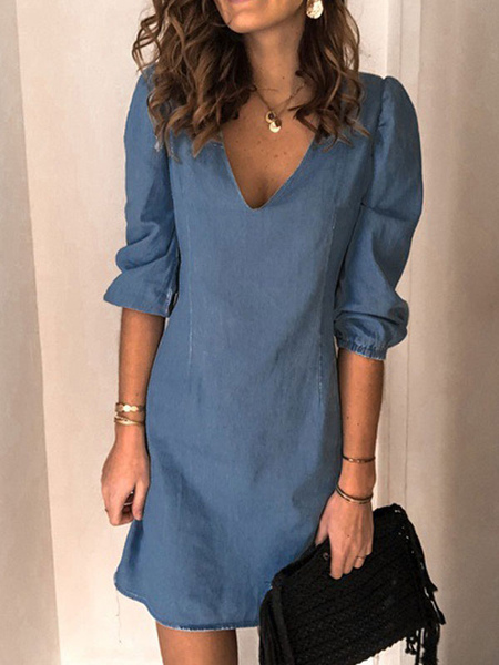Midi Dress V-Neck Half Sleeves Polyester Simple Light Sky Blue Summer Dress