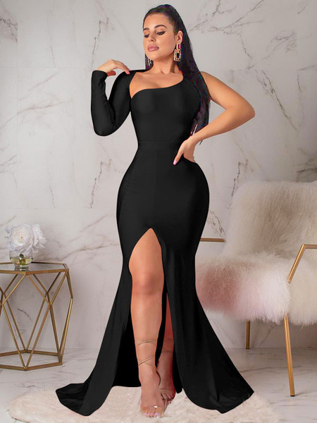 Party Dresses Black Asymmetrical Neck Long Sleeves Irregular Semi Formal Dress