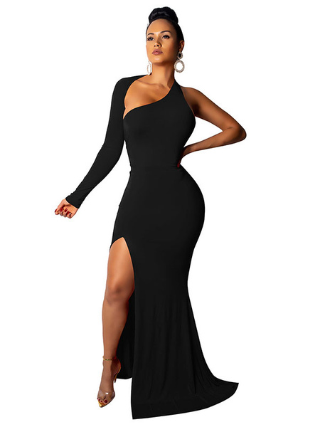 Party Dresses Black Asymmetrical Neck Long Sleeves Irregular Semi Formal Dress