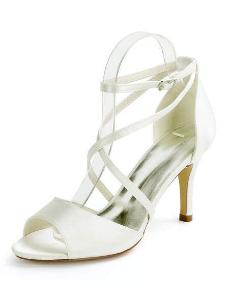 Milanoo Wedding Shoes Satin Ivory Open Toe Stiletto Heel Ankle Strap Heel Bridal Shoes