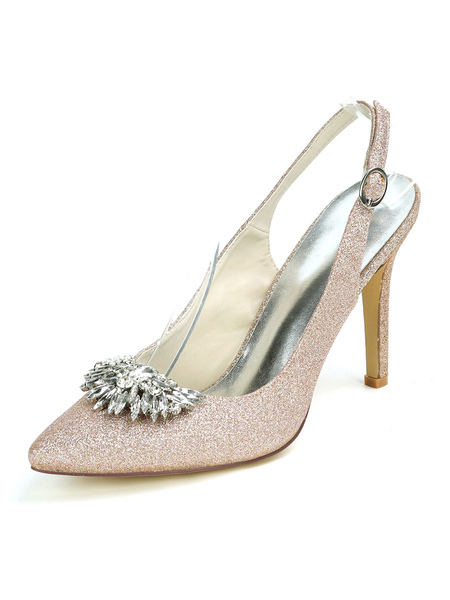 Milanoo Wedding Shoes Sequined Cloth Champagne Pointed Toe Rhinestones Stiletto Heel Slingback Brida