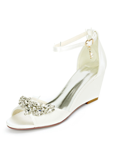 Milanoo Wedding Shoes Ivory Satin Pearls Open Toe Ankle Strap Wedge Heel Bridal Shoes
