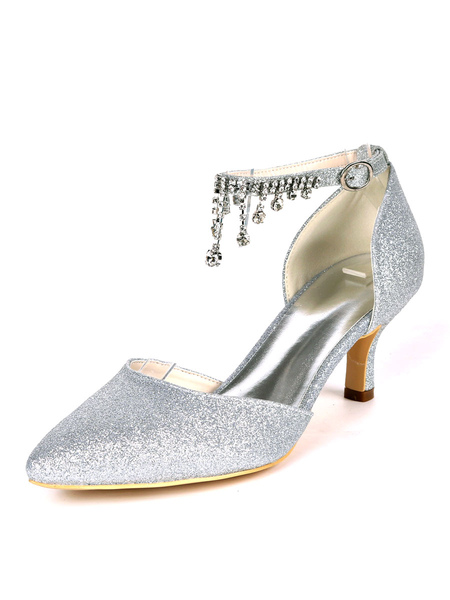 

Milanoo Wedding Shoes Silver Sequined Cloth Rhinestones Pointed Toe Kitten Heel Bridal Shoes Ankle S, Lilac;white;silver;champagne