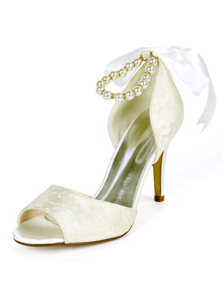 Milanoo Wedding Shoes Ivory Satin Bows Peep Toe Stiletto Heel Bridal Shoes Ankle Strap Heels