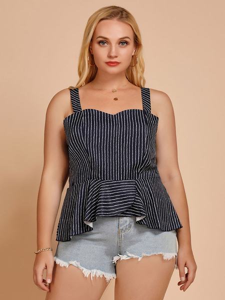 Milanoo Plus Size Cami Top For Women Straps Neck Sleeveless Stripes Print Polyester Casual Camis