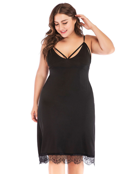 Milanoo Plus Size Dress For Women Straps Neck Sleeveless Polyester Black Knee Length Tunic Dress