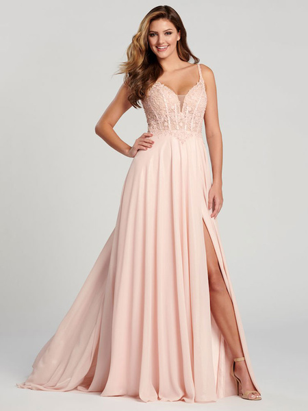 Milanoo Prom Dress Pink Polyester V-Neck A-Line Sleeveless Backless Split Front Pageant Dresses
