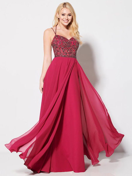 

Milanoo Prom Dress V-Neck A-Line Sleeveless Backless Beaded Chiffon Polyester Party Dresses, Red