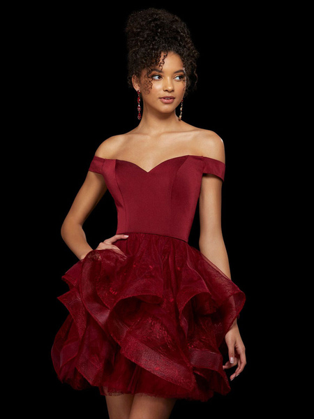 Milanoo With Homecoming Dress Burgundy Short A-Line Bateau Neck Ruffles Polyester Party Dress
