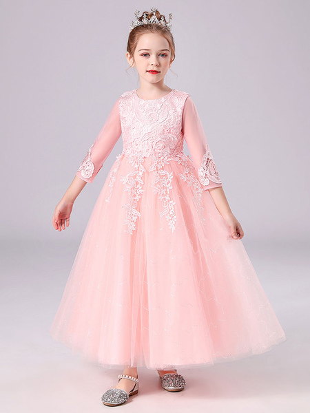Milanoo Pink Flower Girl Dresses Jewel Neck 3/4 Length Sleeves Tulle Lace Polyester Embroidered Kids