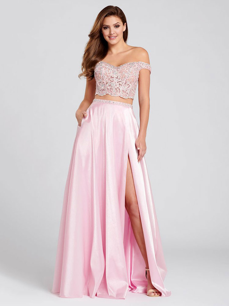Milanoo Prom Dress A-Line Bateau Neck Lace Sleeveless Backless Split Front Satin Fabric Lace Pink Pa