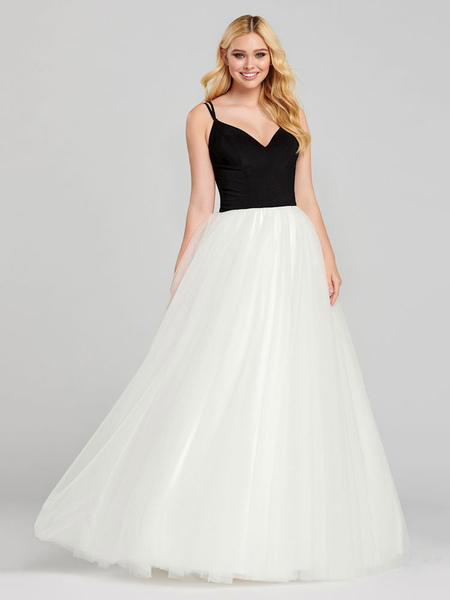 Prom Dress V-Neck Ball Gown V-Neck Sleeveless Backless Polyester Tulle White Pageant Dresses