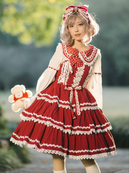 Milanoo Sweet Lolita JSK Dress Sleeveless Lace Bowknot Red Lolita Jumper Skirt