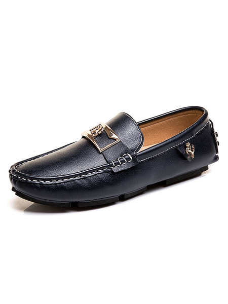 Milanoo Mens Loafer Shoes Comfy PU Leather Metal Details Slip-On