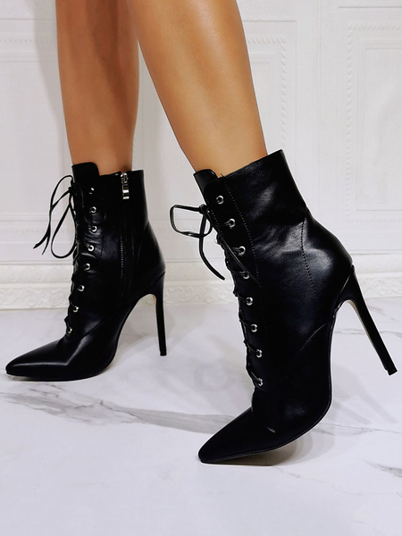 

Milanoo Women Boots Black PU Leather Pointed Toe Stiletto Heel High-Tops Lace Up Booties