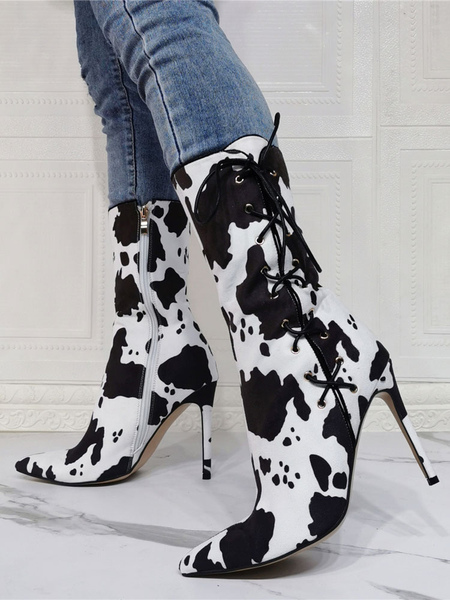 Milanoo Woman Mid Calf Boots Black Micro Suede Upper Pointed Toe Printed Booties