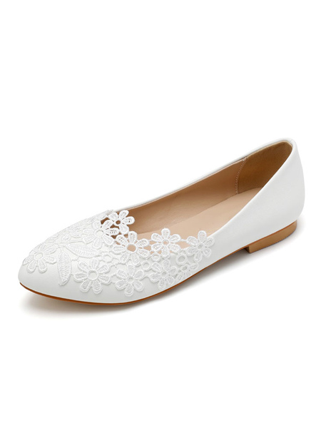 Milanoo Wedding Shoes White PU Leather Flowers Pointed Toe Flat Bridal Shoes
