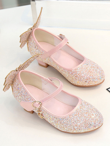 Milanoo Flower Girl Shoes Pink PU Leather Rhinestones Party Shoes For Kids