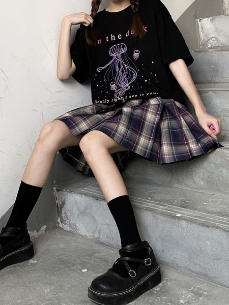 Image of Corsetto Lolita per donna T-shirt nera in poliestere a maniche corte con collo gioiello
