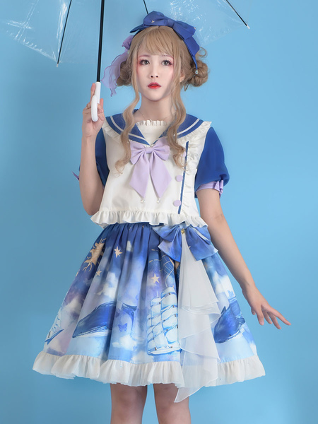 Milanoo Sweet Lolita SK Dress Polyester Stars Pattern Ruffles Blue Lolita Skirt
