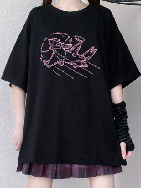 Image of Lolita camicetta per le donne poliestere nero gioiello maniche corte T-shirt nera Lolita