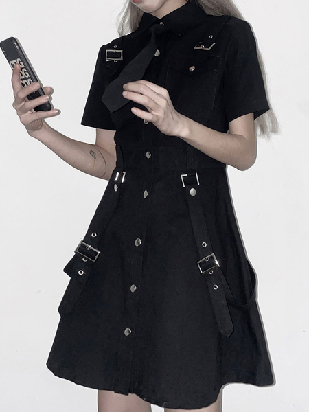Milanoo Gothic Lolita OP Dress Turndown Collar Short Sleeves Black Polyester Daily Casual Lolita Dre