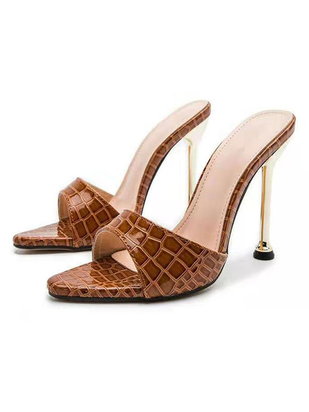 Milanoo Women Heel Mules Brown Open Toe Snake Print Pattern Slip On Stiletto Heel PU Leather Heel Mu