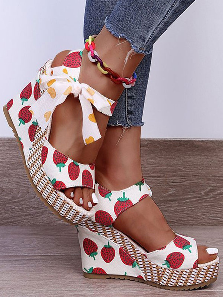Milanoo Wedge Sandals For Woman Chic Lace Up Printed Open Toe Satin Upper Red Wedge Sandals