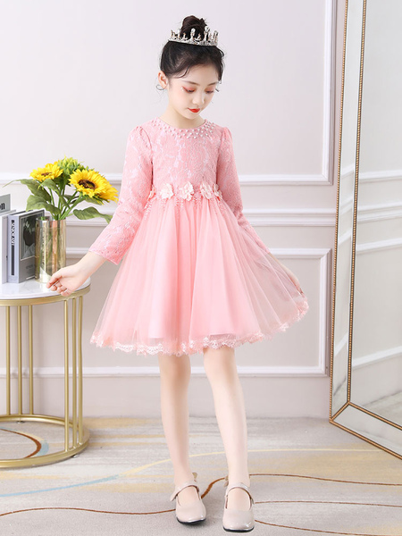 Milanoo Flower Girl Dresses Light Pink Jewel Neck Long Sleeves Beaded Polyester Tulle Lace Polyester