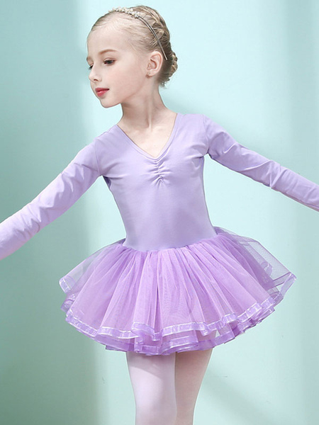 costumes de danse de ballet lavande danseuse pour enfants découpée à volants oeuvre plissée en mélange de coton robe tunique vêtements de danse costume de danse