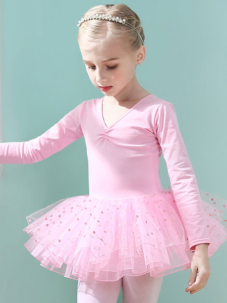 Milanoo Ballet Dance Costumes Pink Women\'s Kid\'s Dancer Cut Out Ruffles Polka Dot Pleated Cotton B