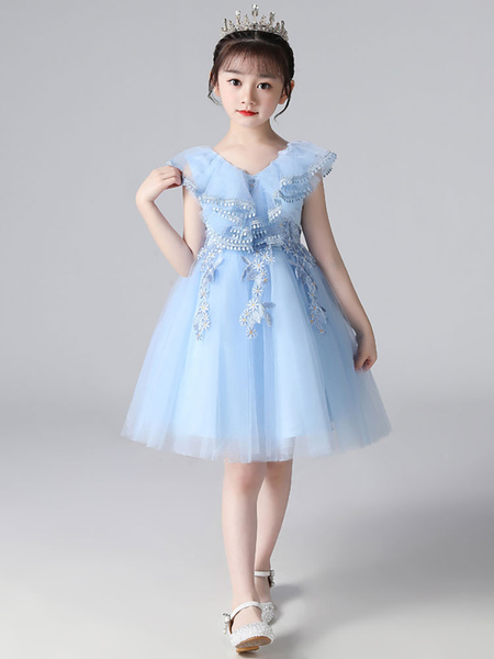 Milanoo Flower Girl Dresses Light Sky Blue Designed Neckline Tulle Sleeveless Knee-Length A-Line Emb