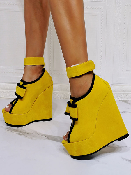 Milanoo Women Sexy Sandals Yellow Micro Suede Upper Open Toe Wedge Heel Sandals