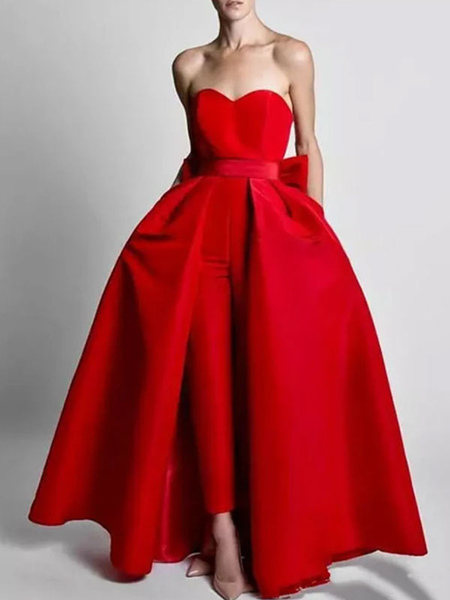 robe de soirée rouge bustier tissu de satin 2 pièces combi-pantalon et jupe