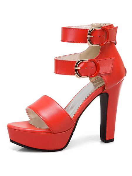Milanoo Heel Sandals Red Chunky Heel Round Toe PU Leather Ankle Strap Heels