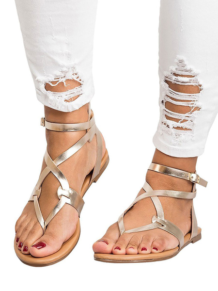 Flip Flop Sandals PU Leather Open Toe Buckle Flat Heel Sliver Summer Sandals